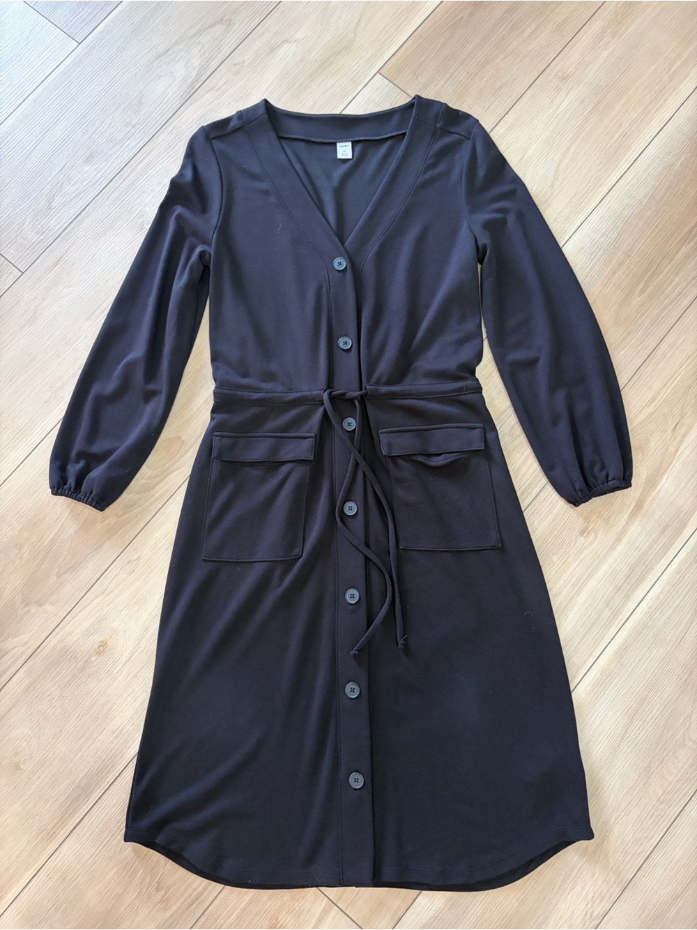 Old Navy Black Long-Sleeve Button-Front Dress with Tie Waist